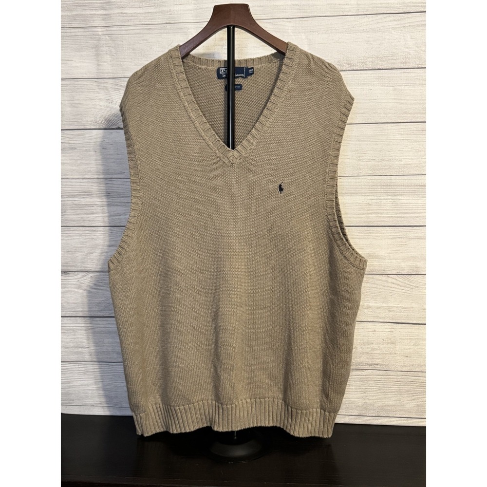 Polo Ralph Lauren Men's Sweater Vest 2XLT Tan V Neck Cotton Preppy Classic Vtg